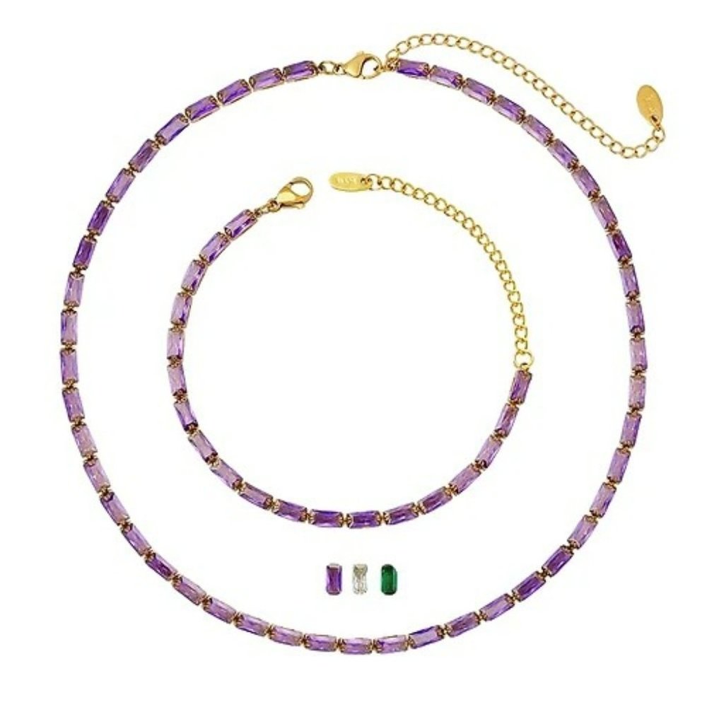 Zircon Titanium Steel Inlay Bracelets & Necklace / Purple, Green & White